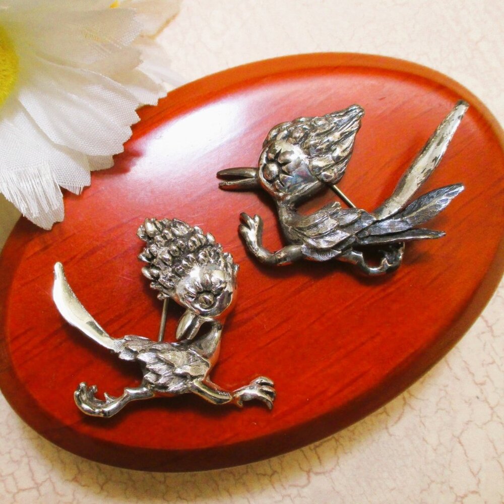 Vintage TORTOLANI Roadrunner Brooch Pair: Sterling Over Pewter Bird Book Piece